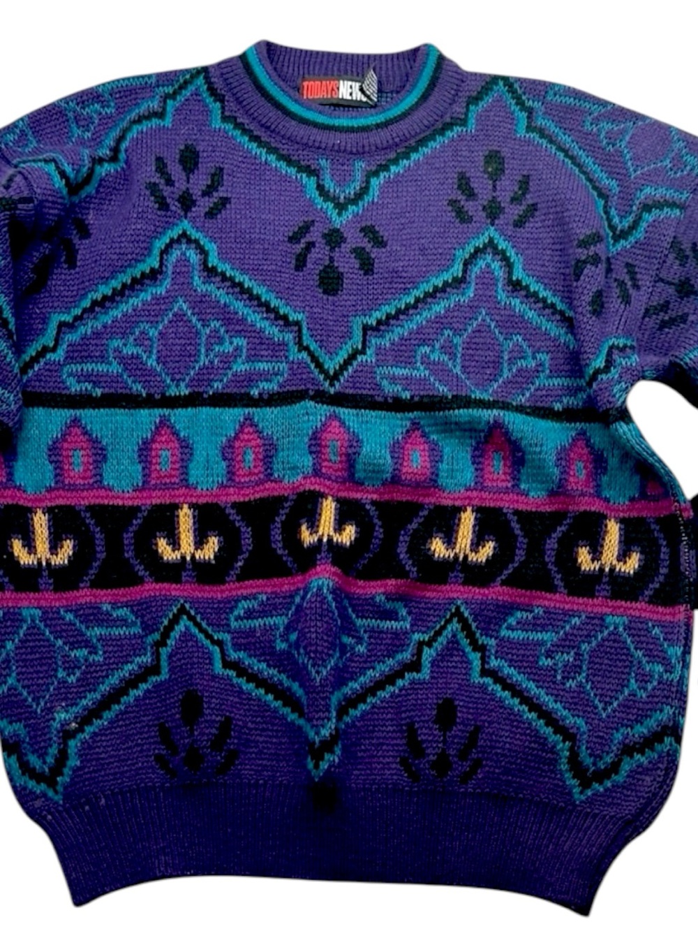 Vintage 90s Today’s News Sweater Mens L Purple Geometric Knit Made Korea USA